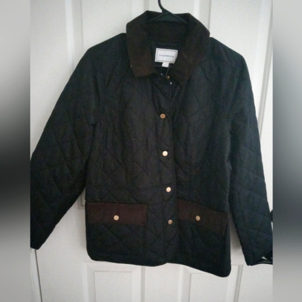 Charter Club Black  Quilted Jacket with Brown Cord Collar and Trim NWT Size M